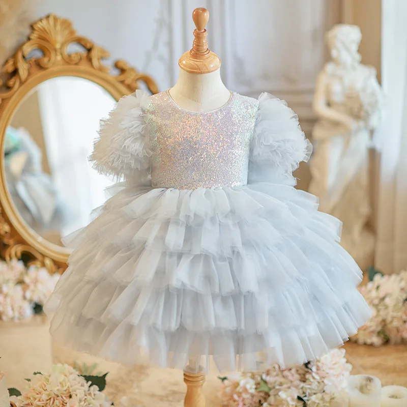 High-End First Birthday Puffy Dress for Baby Girls, Stylish Blue Dress for Little Hosts, Fashion Show, Piano Performance, and Pe