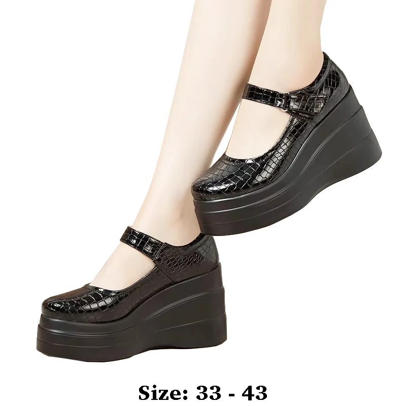 

high quality leather wedge shoe for women 8cm high heel platform round toe 33 34 35 elegant office autumn shoe black white red