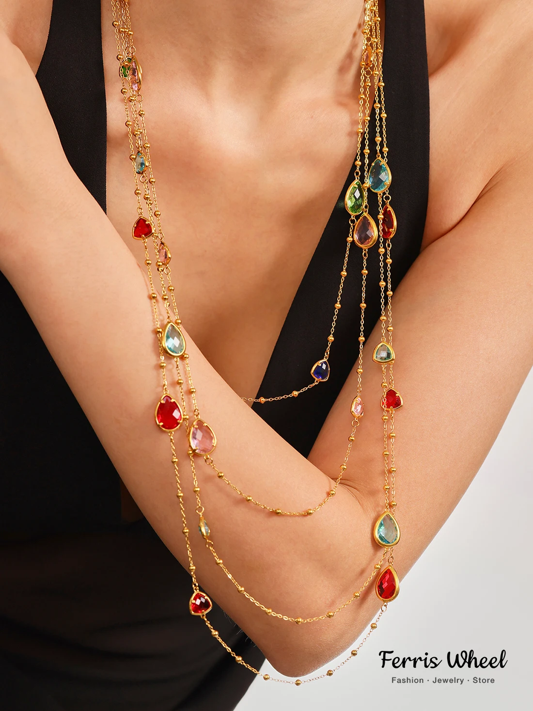 

Colorful Waterdrop Stainless Steel Necklace for Women Luxury Czech Glass Gold Plated Cuff Open Bangle Charm Jewelry