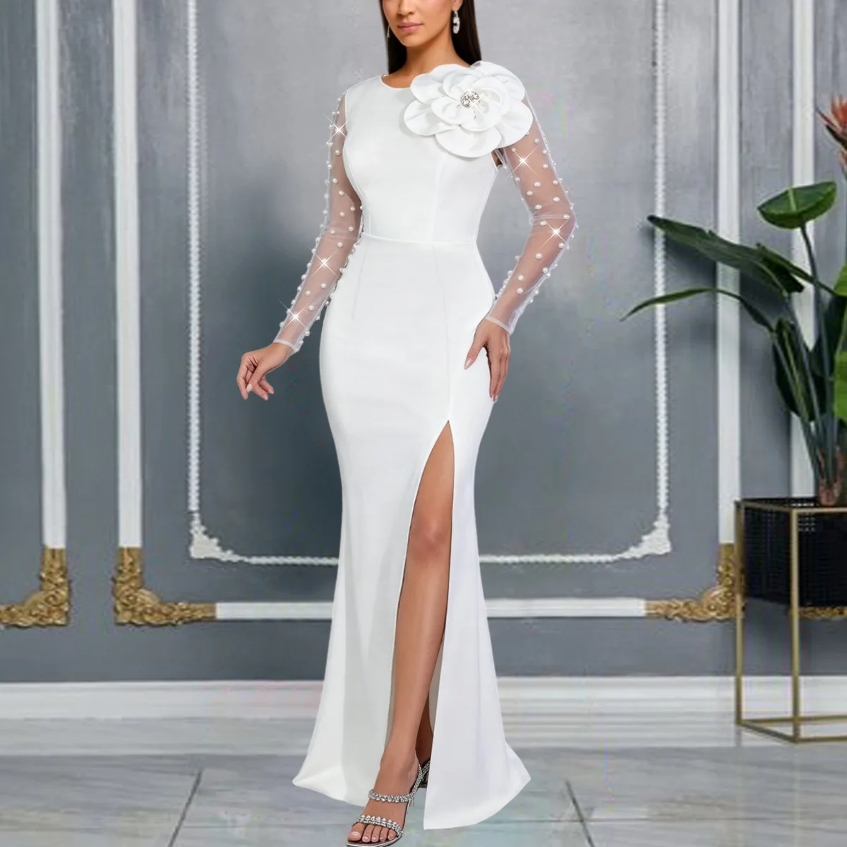 

Африканские платья Дашики для женщин, элегантные африканские сетчатые белые вечерние платья с длинными рукавами, длинные платья макси, африканская одежда