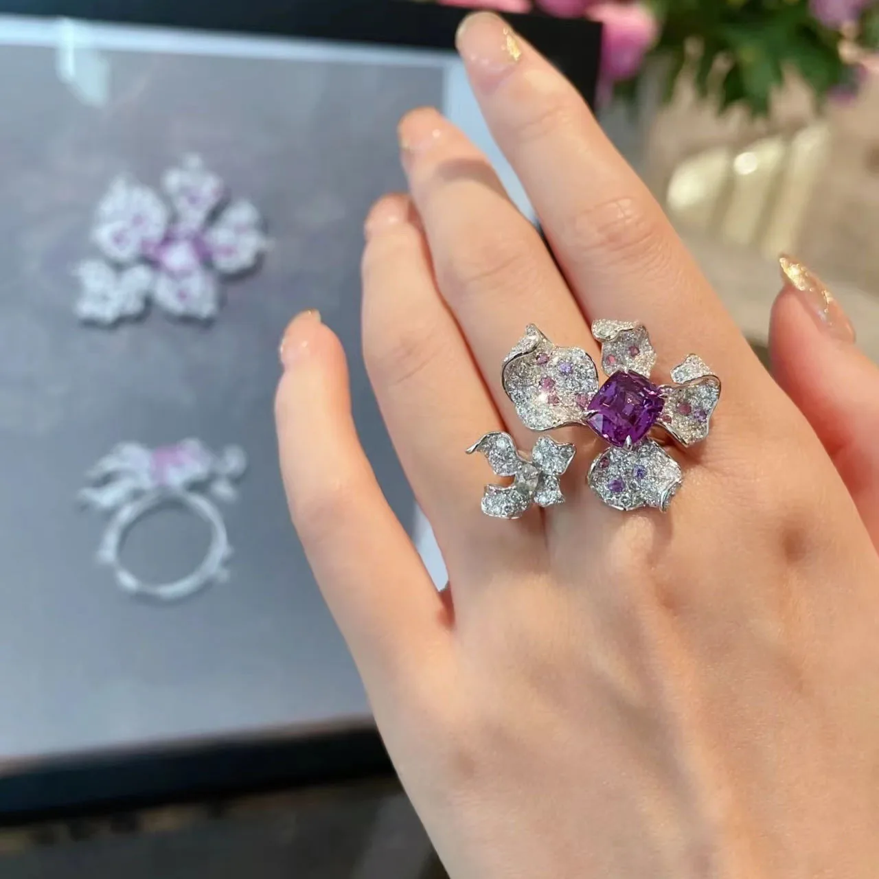 2022 New Trendy Big 925 Ring Amethyst Zircon Flower Open Rings for Women Luxury INS Style Party Dinner Sterling Silver Jewelry