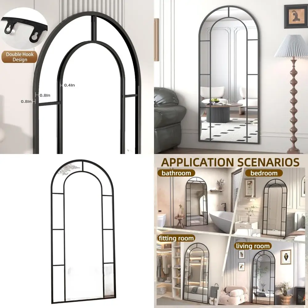 

Elegant 56x22 Arched Floor Mirror, Large Standing or Wall-Mounted Window Pane Style in Black