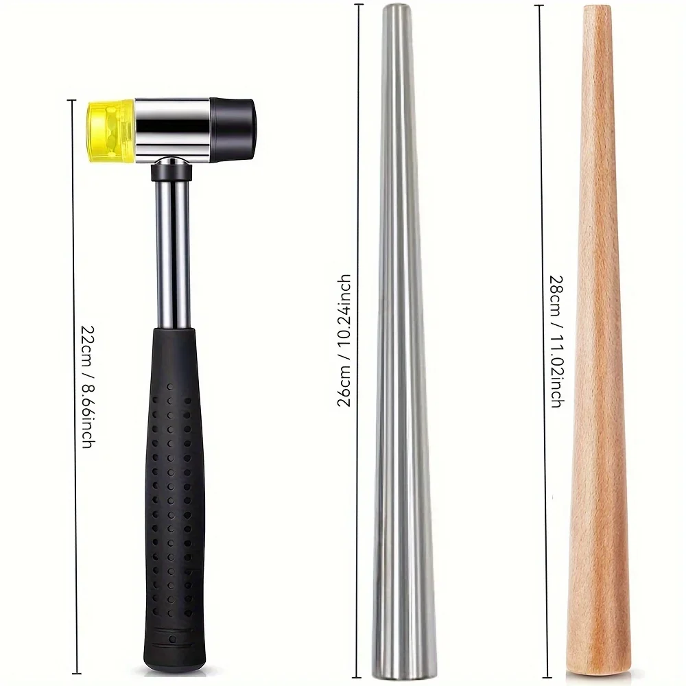 2Pcs Professional Double-Sided Tape Hammer and Ring Shaping Rod Tool Set for Jewelry Making Ring Bending Polishing Sanding