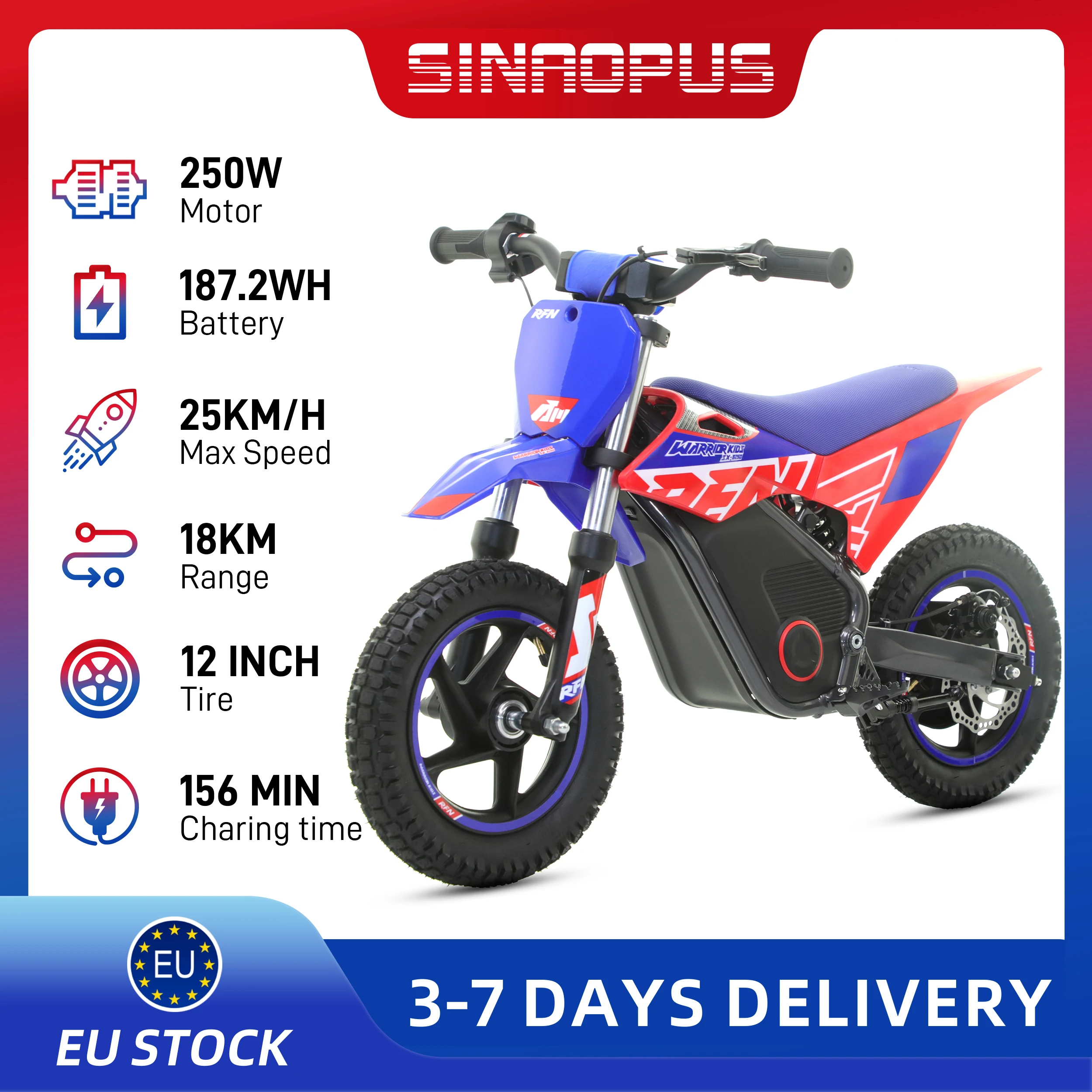 Sinaopus 250W 12-Zoll Kinder-E-Motorrad mit 36V 187,2Wh Akku, 25 km/h Höchstgeschwindigkeit, Offroad-E-Moto, Allterrain-Elektro-Dirtbike für Jungen & Mädchen, Perfektes Kinder-Rennmotorrad