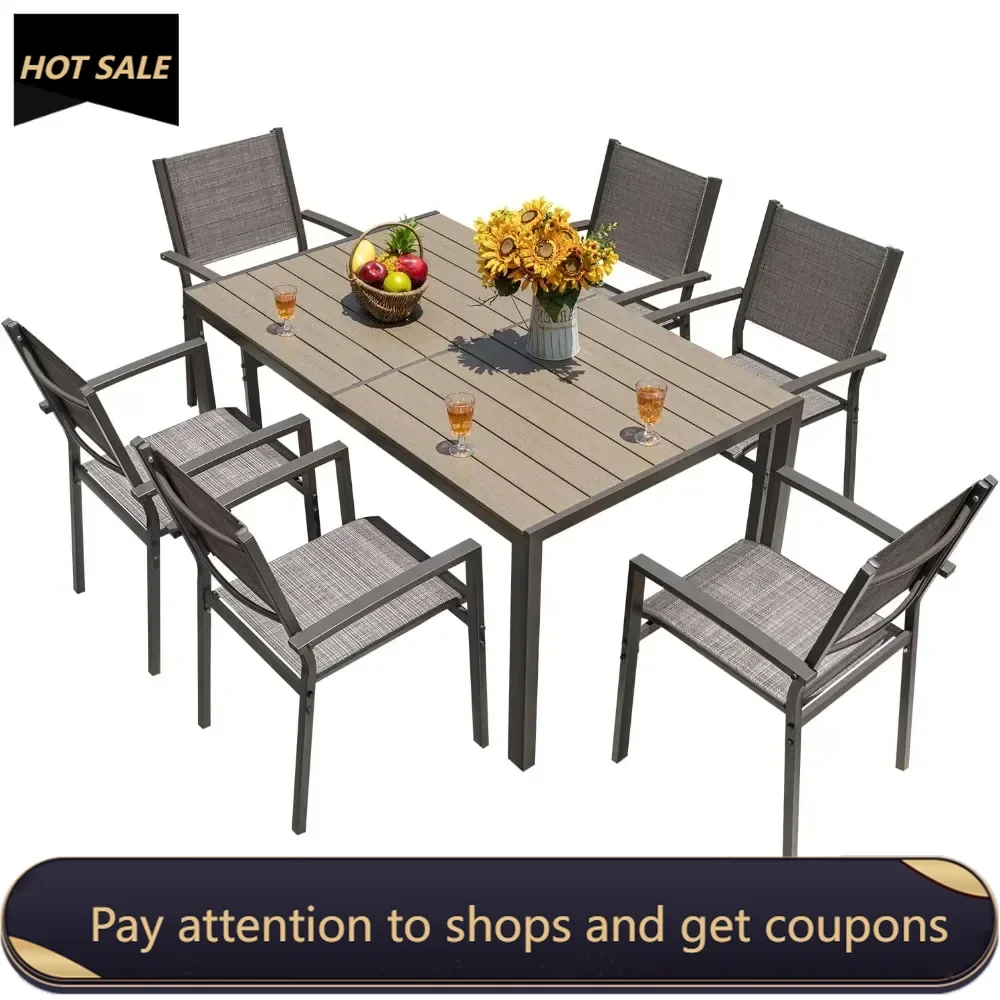 

7 Pieces Patio Dining Set Outdoor Furniture With 6 Stackable Textilene Chairs and Large Table for Yard Living Room Sofas Garden