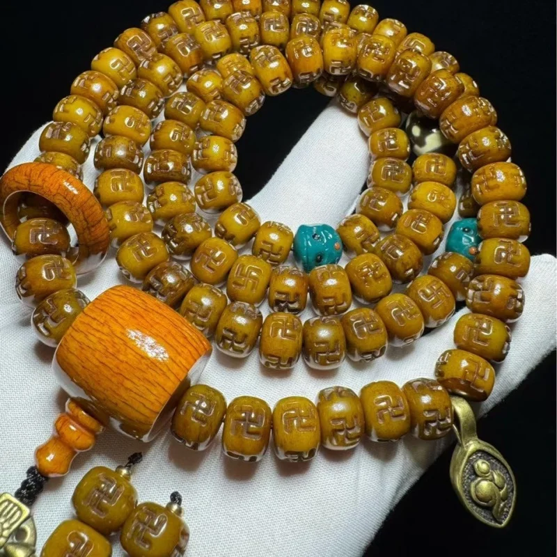 Natural Tibetan-style barrel beads multi-loop bracelet with vintage yak bone three-way connector