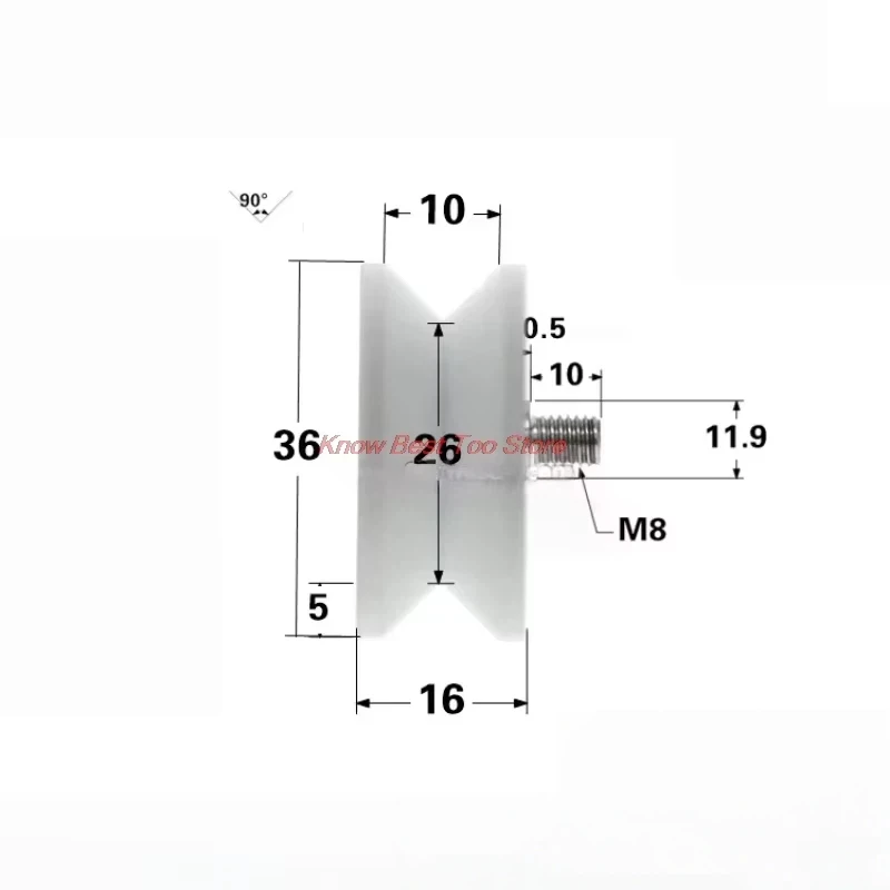 6Pcs 8x36x16mm V-groove Bearing Pulley 608zz Bearing 90 Degree Right Angle Wrapped Plastic Pulley with M8 Screw