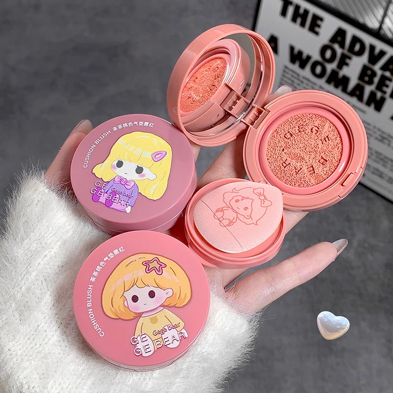 Girls Air Cushion Blush Cream Strawberry Face Blusher Natural Matte Cheek Tint Rouge Contour Mousse Blush With Sponge Puff