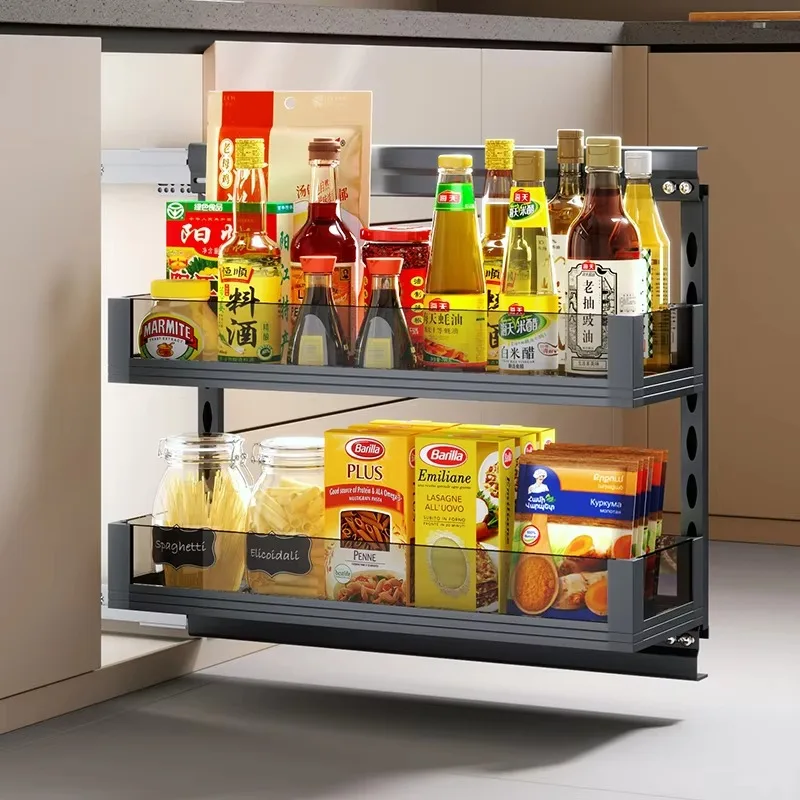 Kitchen Pantry Storage Basket Pull Out Bottle Rack Slide Out Seasoning Basket Storage