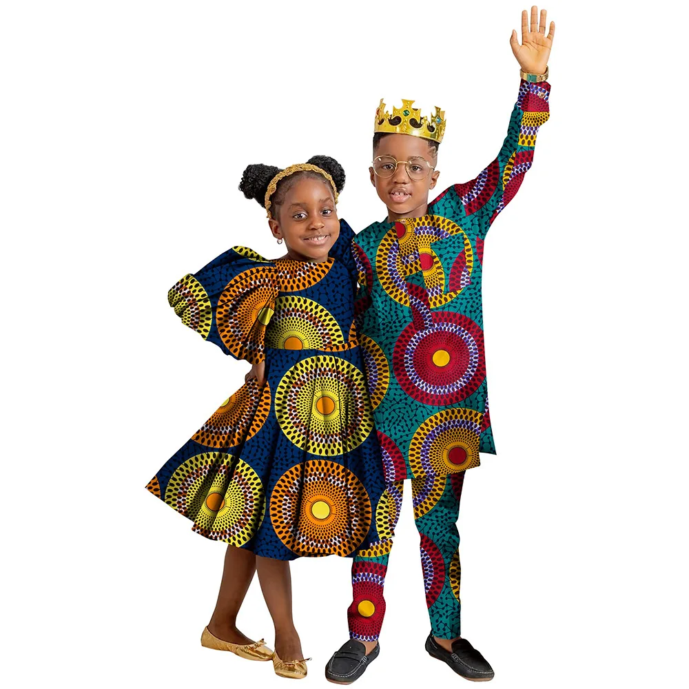 Wedding African Family Matching Outfits for Kids Sister Brother Girls Dress and Boys Pants Set Children Ankara Print Clothing