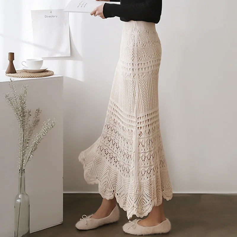 Women's Plus Size Skirt Solid Color Knitted Hollow Ladies Long Skirt High Waist Hook Flower Street Casual Women's Skirt