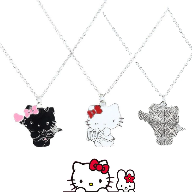 

Kawaii Hello Kitty Necklace 2022 New Angel Vs Devil Kt Cat Alloy Necklace Cute Pendant Jewelry Ornament Sweater Chain Girls Gift