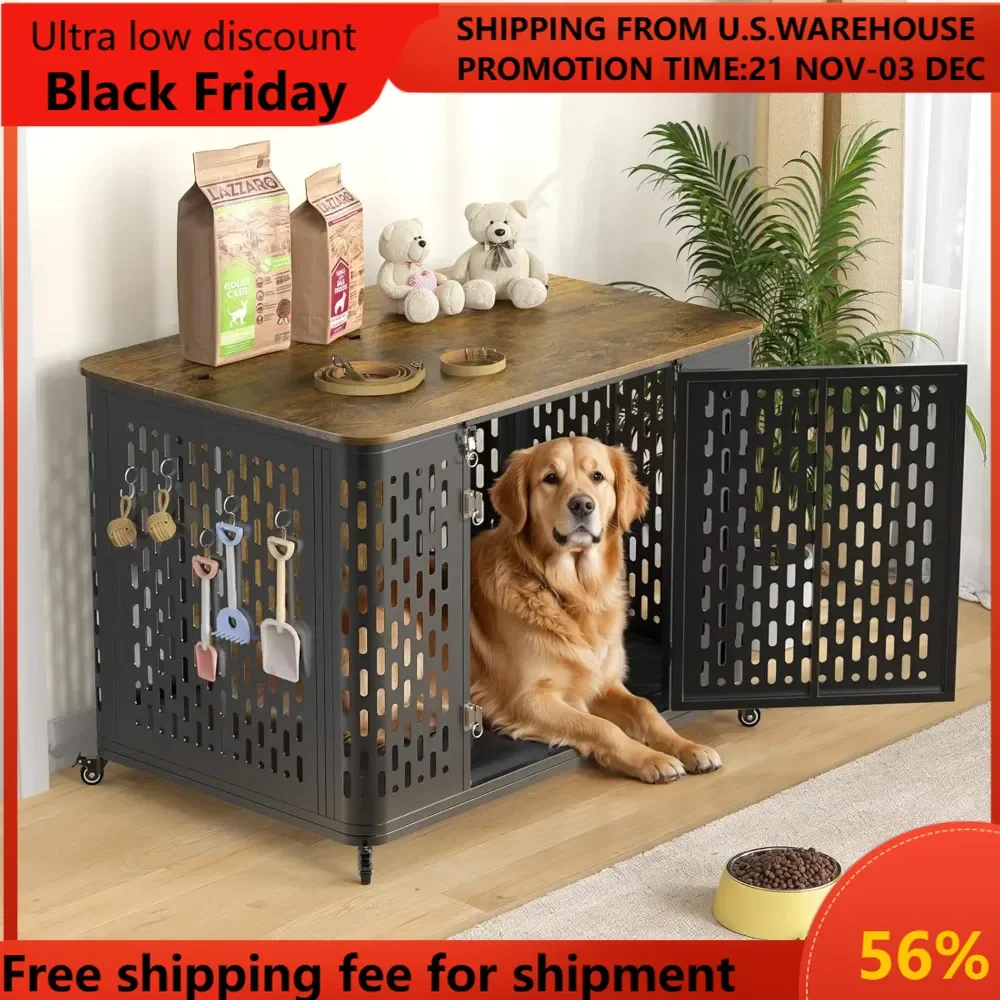 Heavy Duty Dog Crate Furniture for Large and Medium Dogs,  Inch Large Dog Crate with Flip Top & Cushion & Wheels, Indestruct