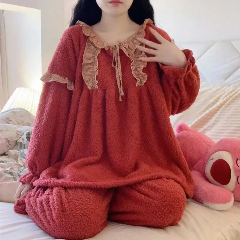 Pajama Women New Autumn Winter Pants Coral Velvet Net Red Thick Warm Home Clothes Large Size Two-piece Set Can Be Worn Outside