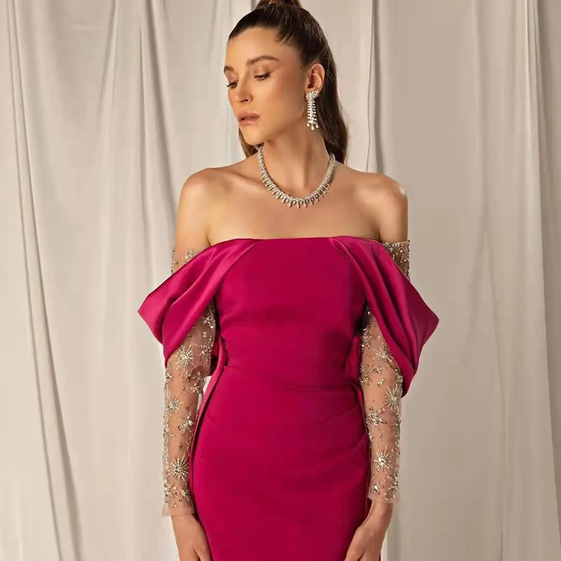 Sharon Said elegante vestido de fiesta de noche fucsia con hombros descubiertos para mujer vestidos formales de graduación de manga larga con cuentas de boda SS332 personalizados