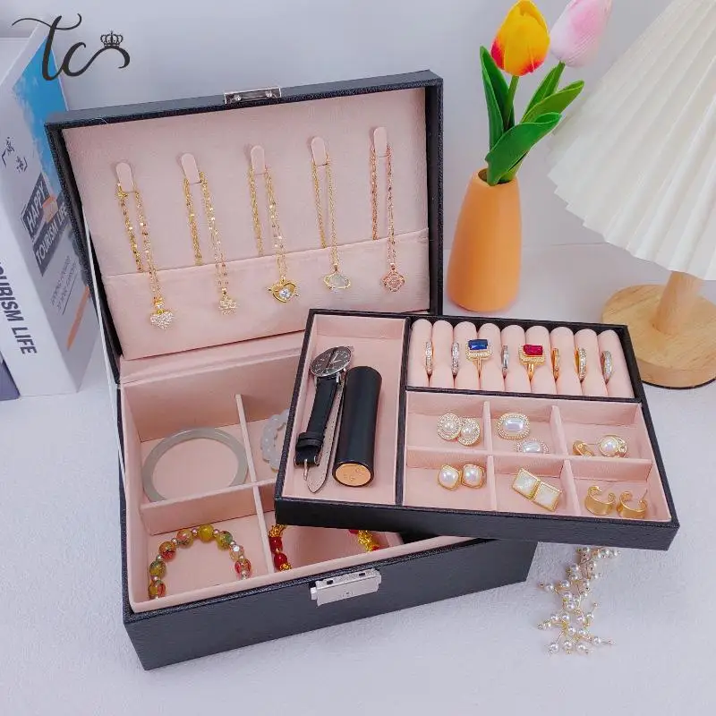 Pu Leather Double Layer Jewelry Storage Display Box Ring Earrings Necklace Pendant Bracelet Pearl Brooch Storage Box