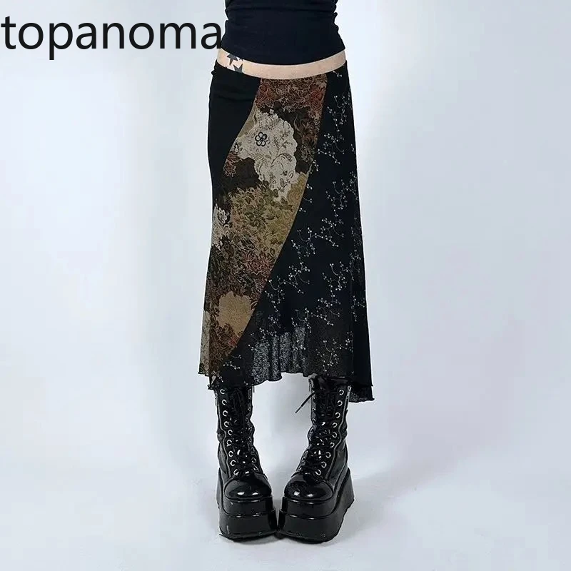 

Topanoma Skirts Women Vintage Floral Printed Irregular Ruffles Patchwork Slim Vintage Long Skirt Female Fashion Temperament