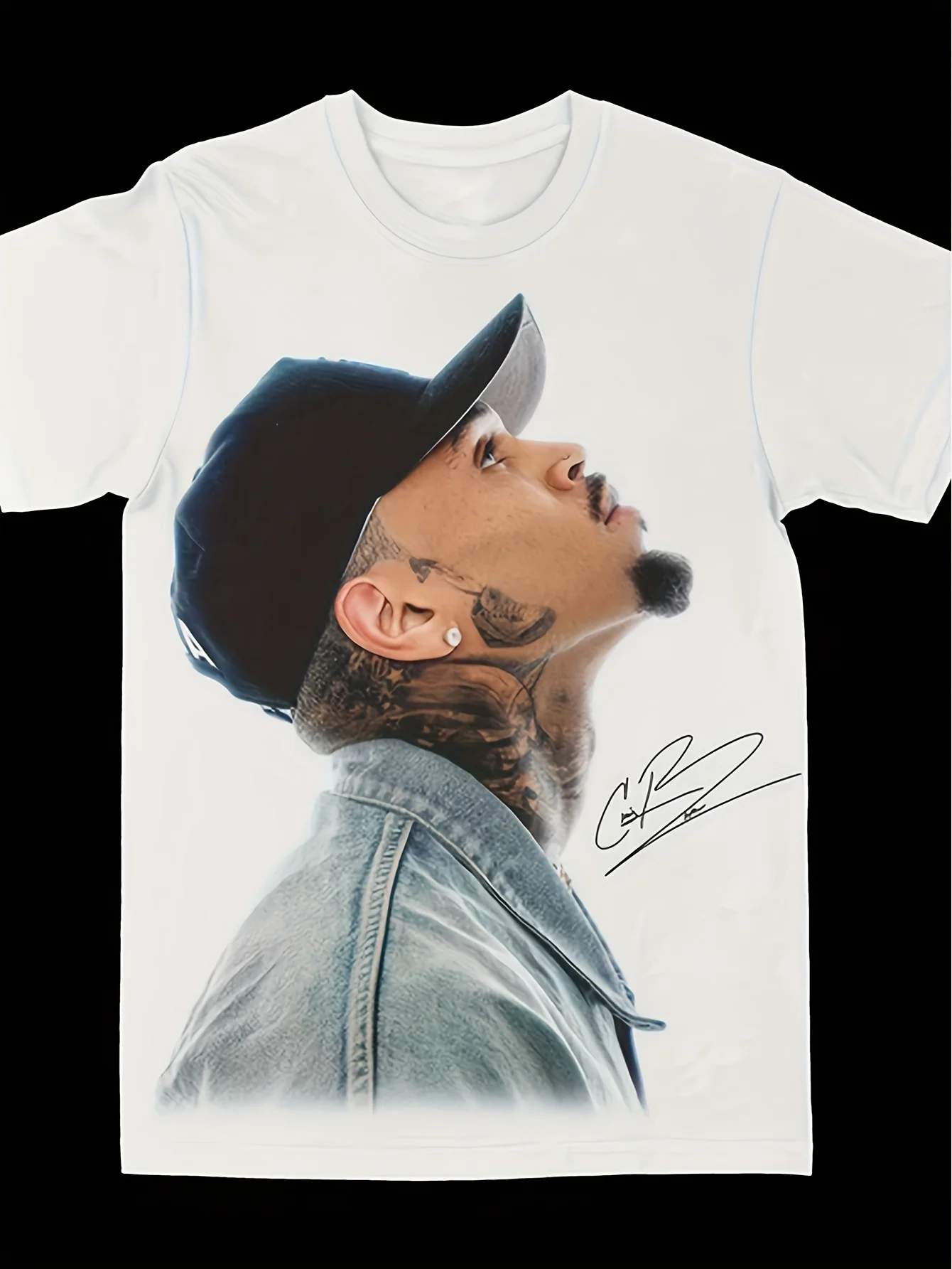 Chris Brown Views T-shirt graphique pour homme - T-shirt imprimé par transfert de chaleur en coton 220 g avec design de portrait et de tatouage de signature