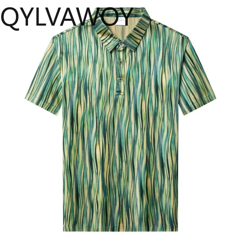 

QYLVAWOY 92.5% Real Mulberry Silk Men's Polo Shirts Short Sleeve Shirt Lapel Patterned Mens T Shirts Summer Tops Shirts for Man