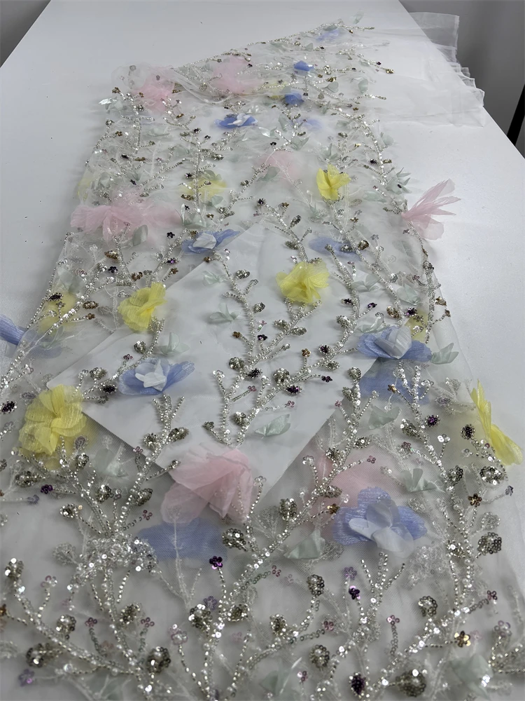 

Нигерийский модный дизайн, высокое качество, бусины ручной работы, цветы, вышивка с изысканным кружевом с блестками для вечерних вечерних платьев