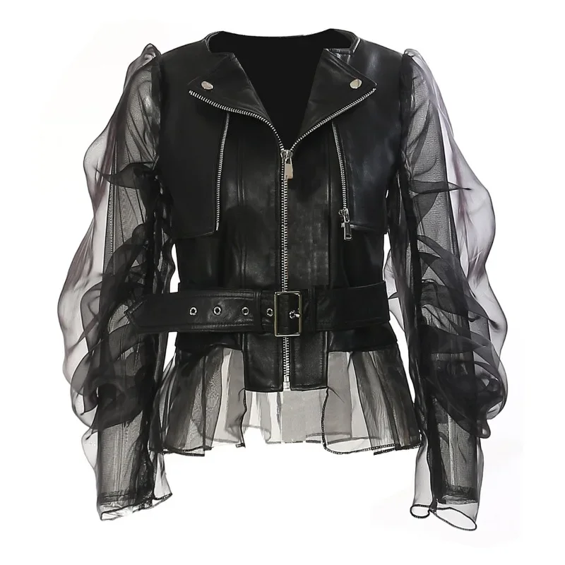 

Luxury Women Spring Autumn Outerwear Mesh Leather Jacket Splicing Loose Long Sleeve Personalized Retro Comfortable Simple Trends