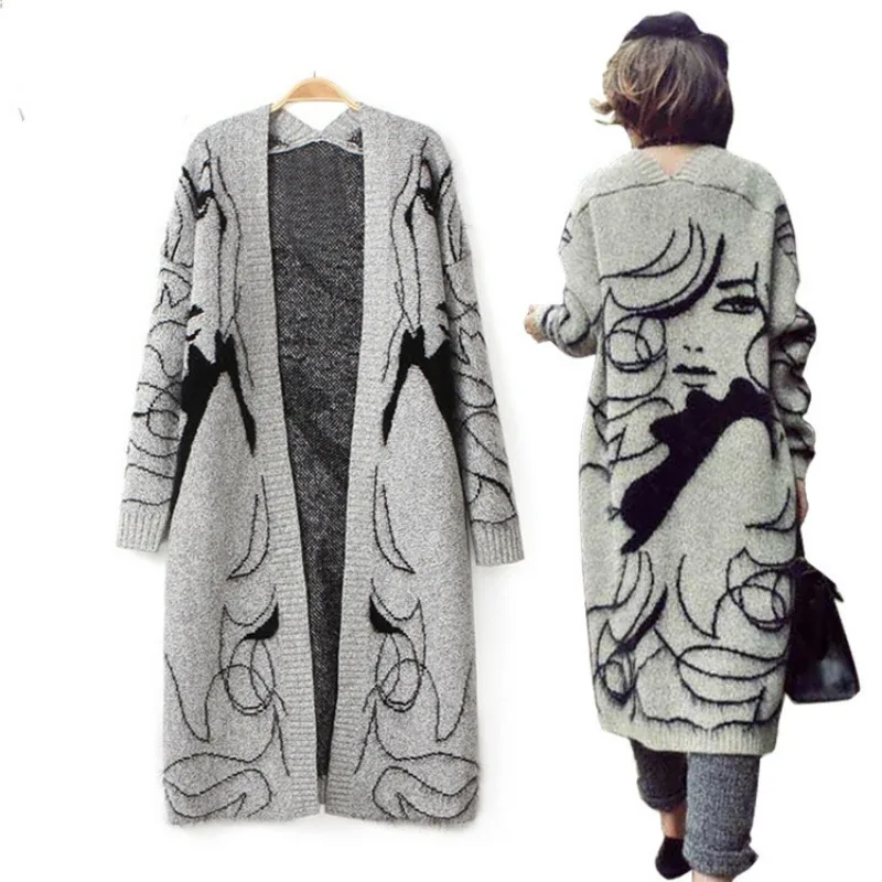 Elegant Winter Women Long Sweater Coat Warm 2023 Figure Print Cardigans For Female Fashion Loose Knitted Sweater Women\'s Clothes