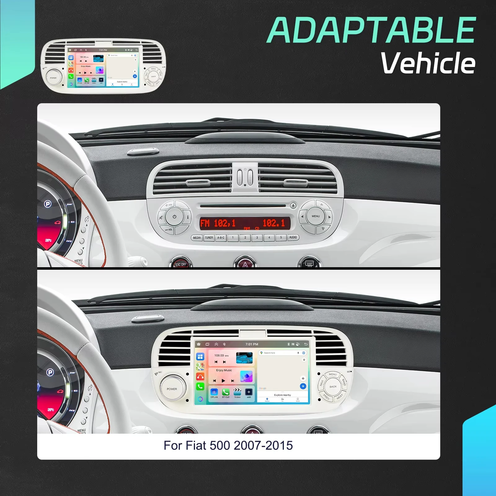 Radio para coche Podofo de 7 pulgadas con CarPlay Android para Fiat 500 2007-2015, sistema inteligente para coche, receptor estéreo GPS 2din, FM RDS, autorradio, unidad principal para salpicadero, navegación, reproductor multimedia para coche 2