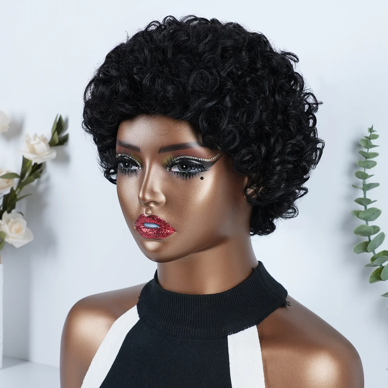 Women's Kinky Curly Human Hair Wig Glueless Full Machine Made Short Pixie Cut Wig Natural Looking Suitable For Party Casual Wear