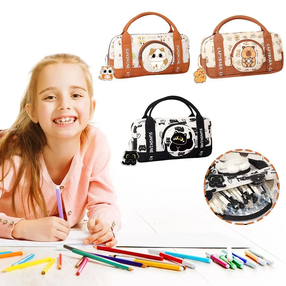 

Простая сумка для ручек с черным котом/капибарой, большая вместительная многофункциональная сумка для канцелярских принадлежностей, ручной пенал для студентов