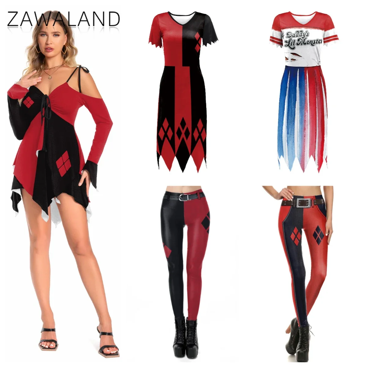 

Halloween Clown Women Cosplay Costume Sexy Lace-up Dress Backless Sundress Female Carnival Tight Leggings One-Piece Beach Skirts