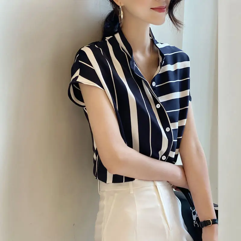 Summer Women Fashion Commuter Asymmetrical Striped Blouse Loose Polo-neck Single-breasted Short Sleeve Chiffon Casual Shirts