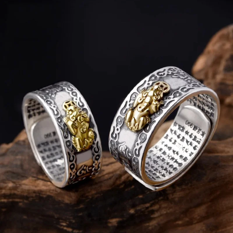 

opening adjustable S990 Sterling Silver Pixiu Ring for Men and Women Six-character Mantra Heart Sutra Personality Couple Jewelry