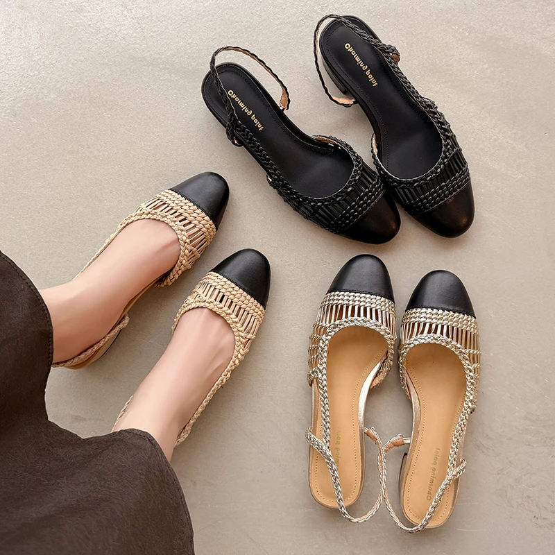 

Genuine Leather Chunky Heel Closed Toe Sandals, Breathable Hollow Woven Design, Back Open Flats for Women