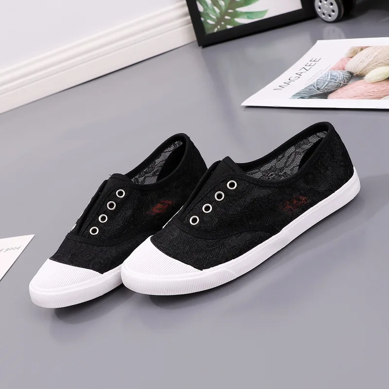 Fashion Lace White Canvas Shoes Women Summer Flats Hollow-Out Breathable Casual Women's Sneakers Slip On Female Loafers WSH5745 - view 3