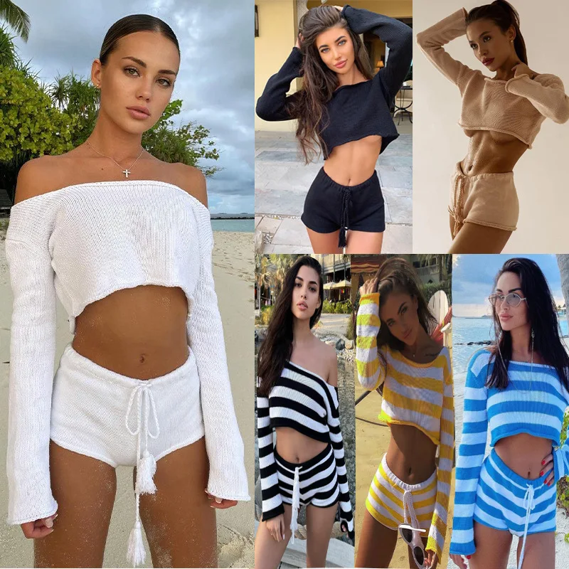 Knitted Stripe Crop Top Short Sets Beach Style 2 Piece Set For Women Long Sleeve Top Drawstring Shorts New In Matching Sets Hot