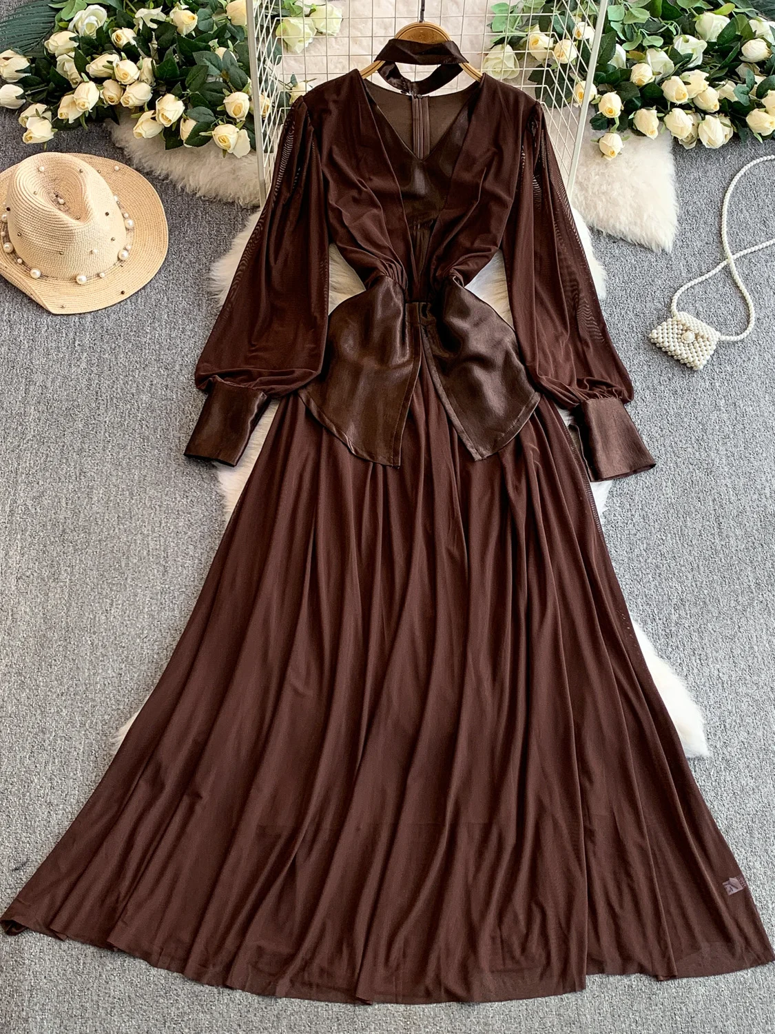 Ele Satin V-Ne Hanging Ne Long Dr Women's Slimming Drapey Skirt European Sle Splicing High Waist A-Line Dr