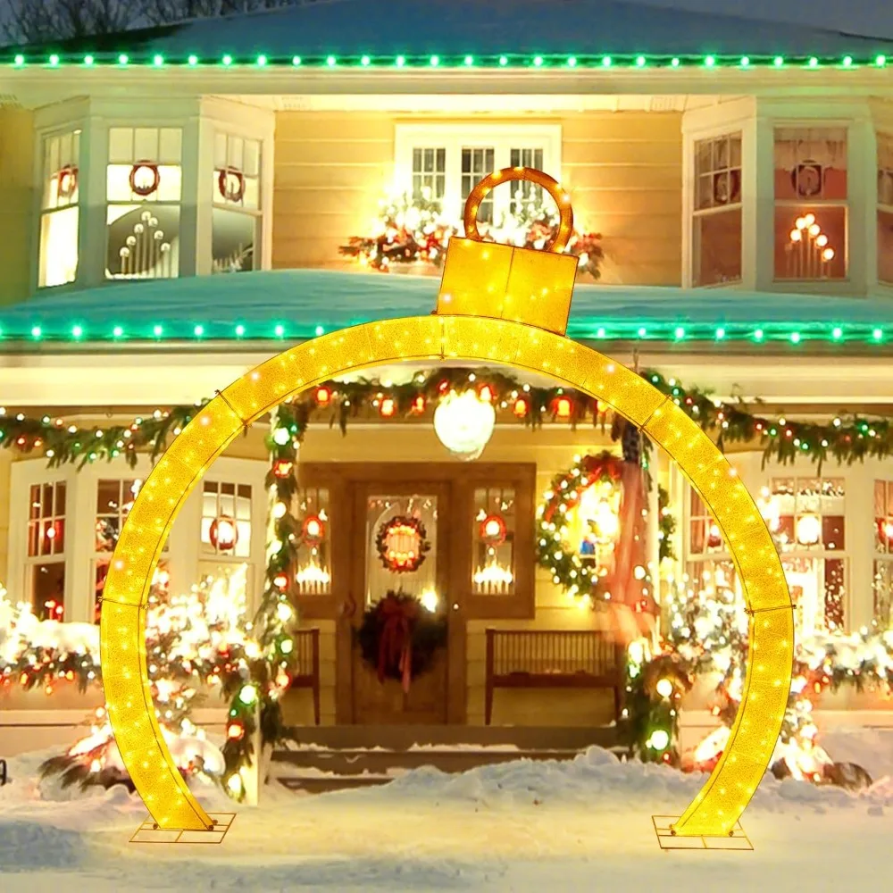 Christmas Lighted Archway Outdoor 10.5 FT,with Gold Ornament Cap,300 Warm White LED Lights,Xmas Yard Decorations with LED Lights