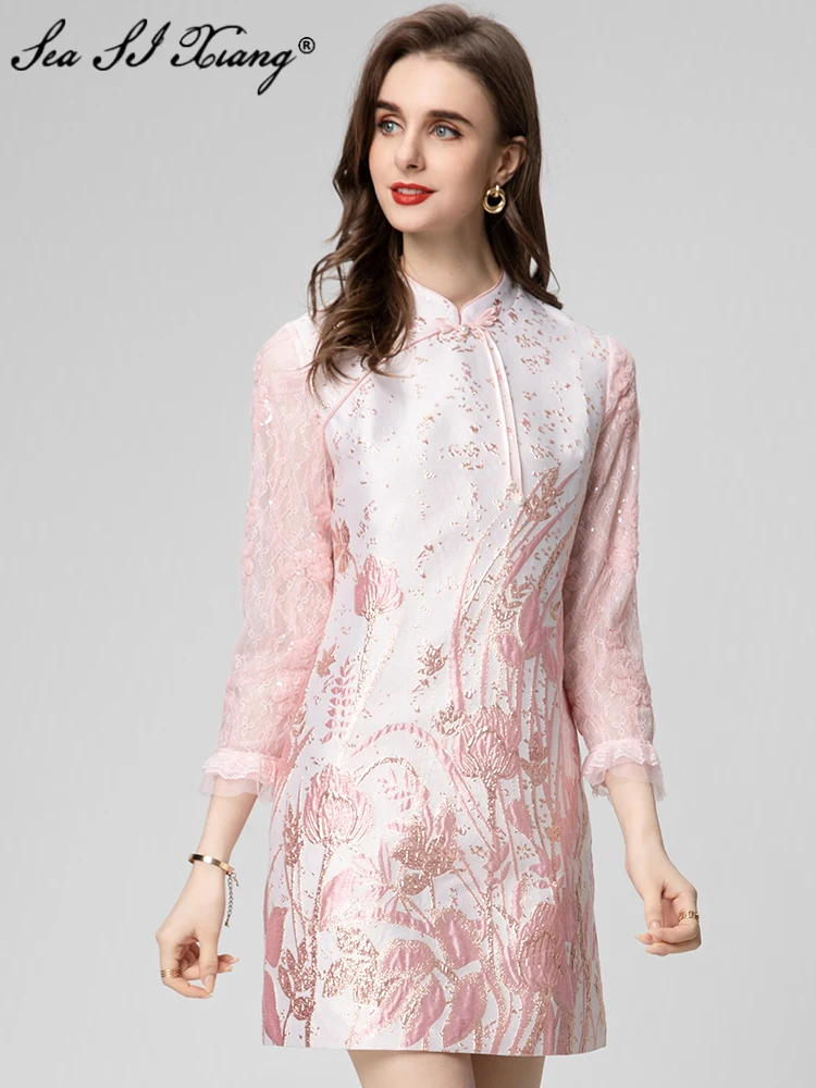 

Seasixiang Fashion Designer Spring Mini Dress Women Stand Collar Lace Long Sleeve Beading Jacquard Chinese Style Dresses