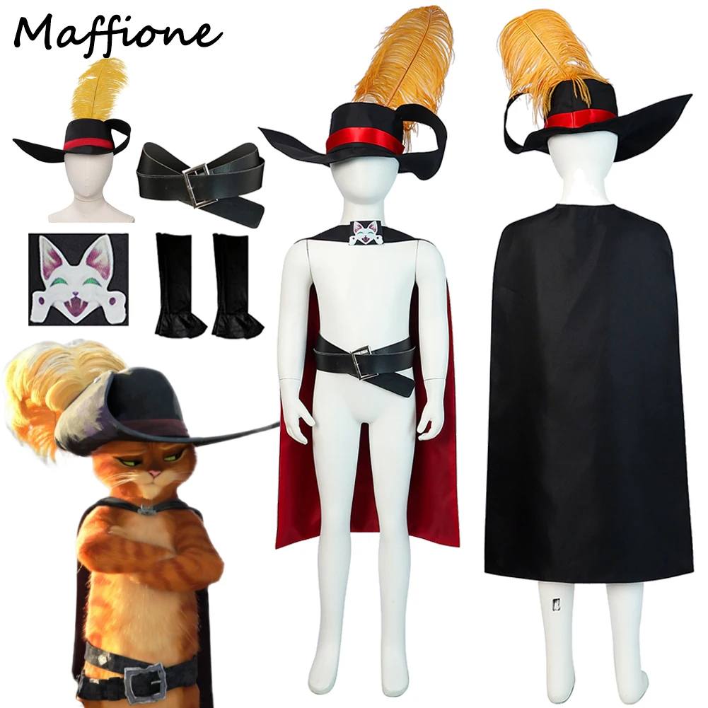 Gatto Spadaccino Cosplay Bambini Costume per adulti Film Gatto Cosplay In stivali Berretto travestimento con cintura di piume Mantello Abiti da festa di Halloween