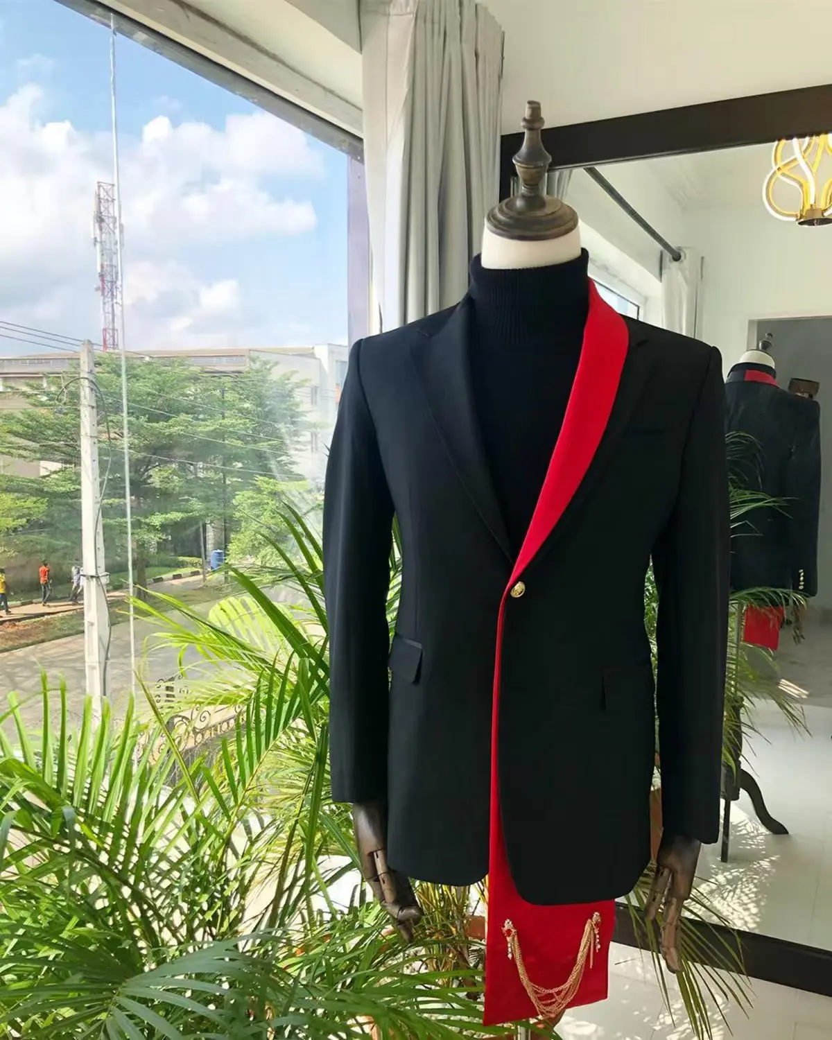 

Black Red Men Suit Set 2 Piece Blazer+Black Pant Trousers Cotton Customized Formal Office Jacket Groom Wedding Tuxedo Coat