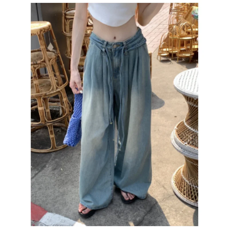 

Vintage Blue Hole High Waist Women Jeans Stars American Fashion Streetwear Wide Jean Female Trouser Straight Baggy Denim Pants