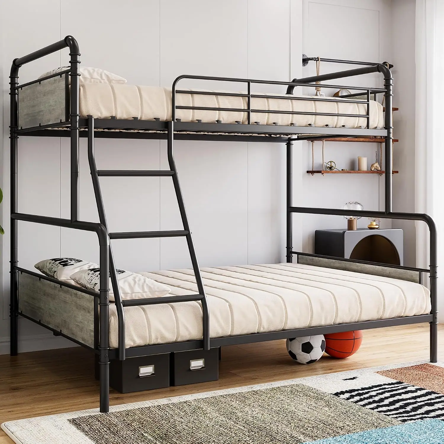 Metal Bunk Bed Twin Over Full Frame, Convertible Two Separate Beds Space Saving Bedroom Furniture With Safety Ladder Guardrails For Dorm Guest Room, Industrial Heavy Duty Bed, Grey