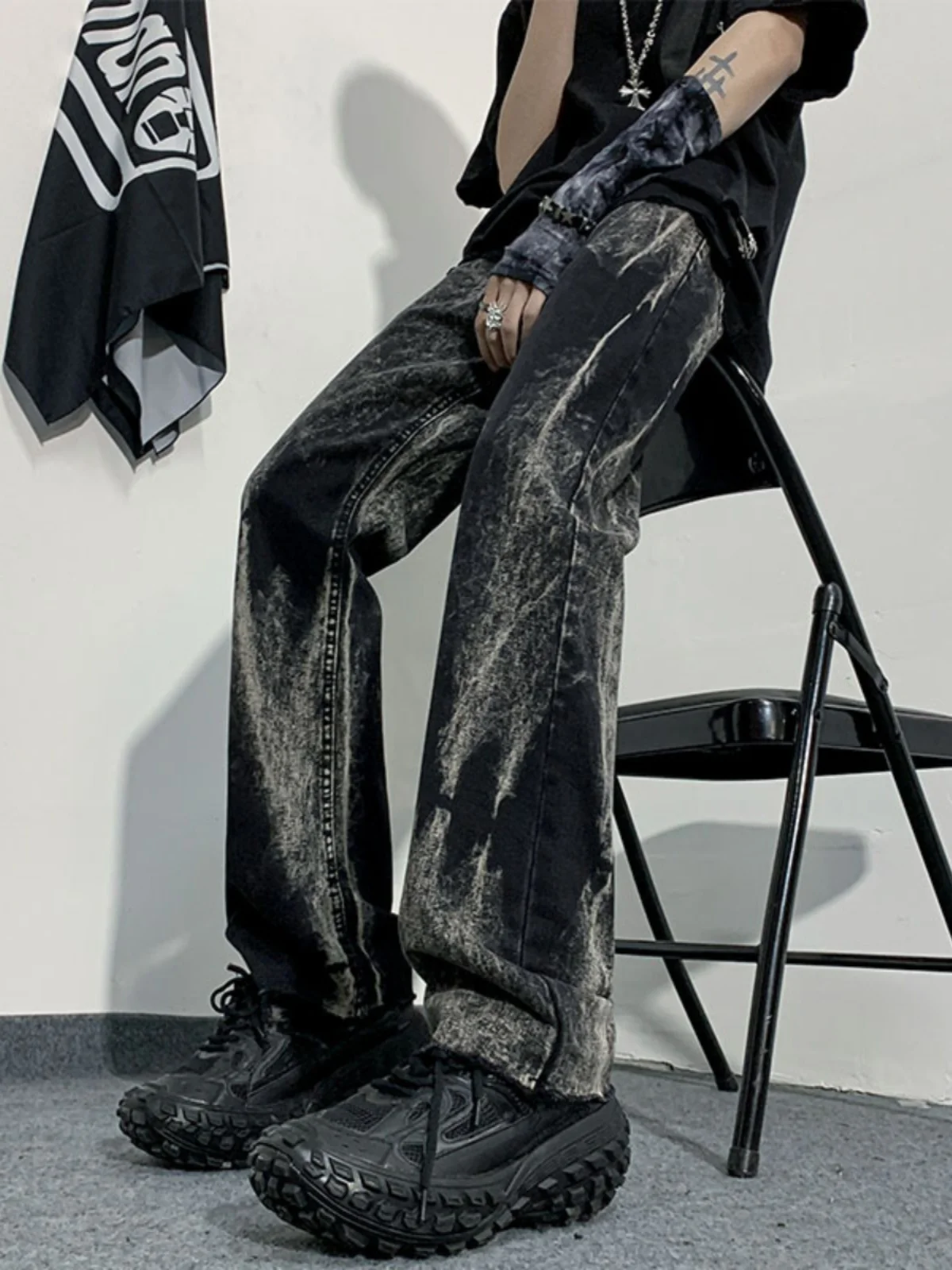 

Spring Autumn Men's Straight Leg Jeans Frayed Hem Distred Casual Vintage High Street Pants Dyeing Proc Low Waist Zipper
