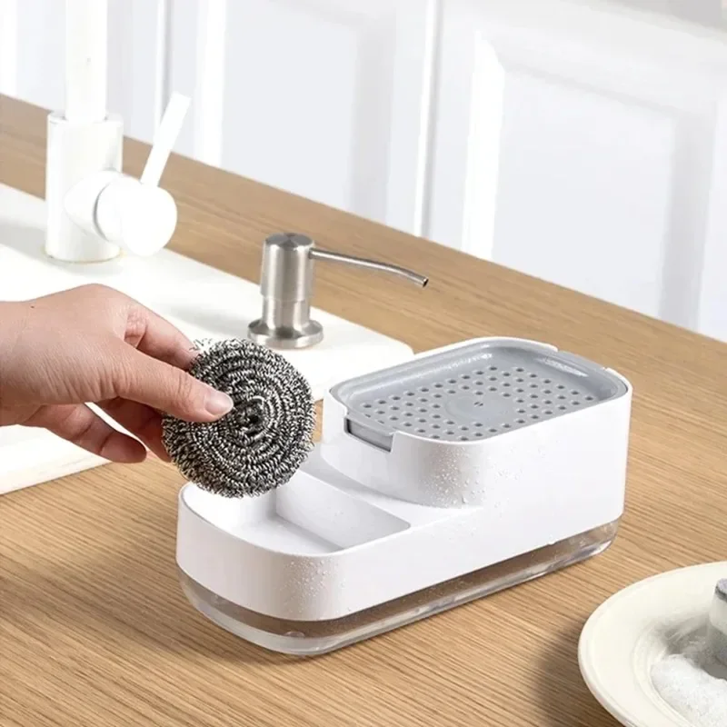 3 in 1 Kitchen Soap Dispenser Liquid Soap Pump Container with Sponge Holder Bathroom Countertop Sink Drain Tray for Kitchen Soap