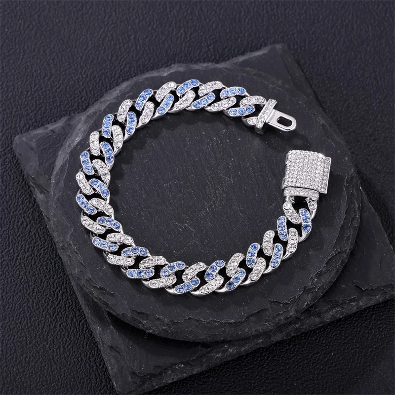 D&Z Fashion 11MM Silver Color Cuban Chain Bracelet For Men Women Blue&Silver Color AAA Crystal Pave Cuban Bracelet Jewelry