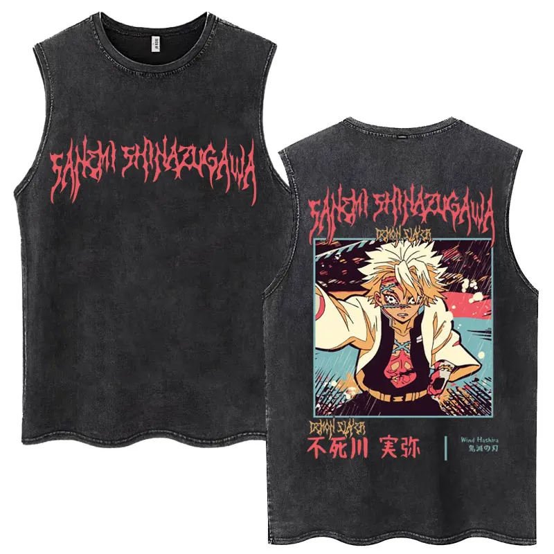 

Anime Demon Slayer Sanemi Washed Tank Tops Men Women Harajuku Manga Fashion T-shirts Loose Cotton Sleeveless T Shirt Streetwear