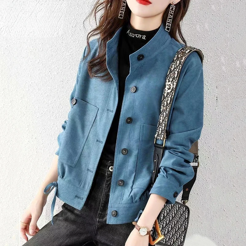 

Stand-Up Collar Corduroy Women's Jacket Spring Fashion Sashes Blue Veste Femme New Office Lady Single-Breasted Cropped Coat N58