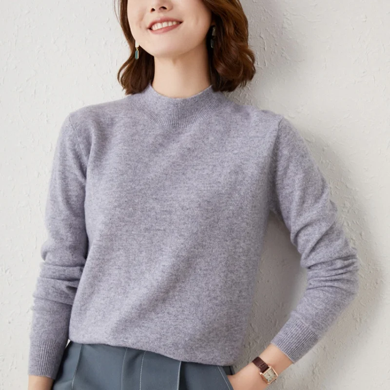 2025 Winter Half Hoge Kraag Elegante Gebreide Tops Herfst Lange Mouw Effen Slanke Vrouwen Trui Casual Trui Truien