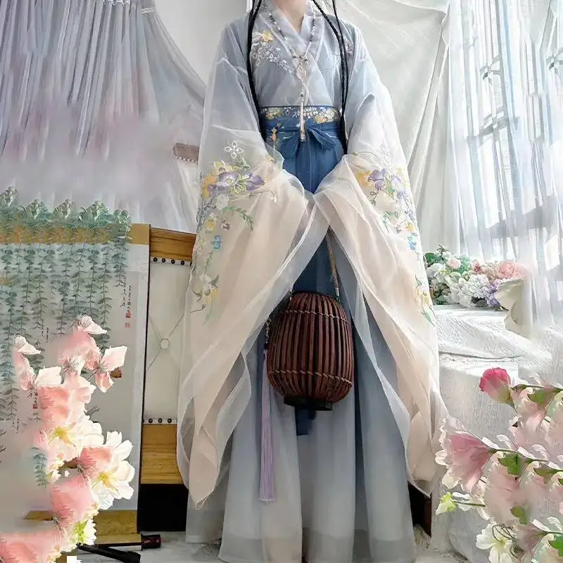 

Chinese Traditional Hanfu Custume Chic Party Dress Tang Dynasty Ru Skirt Improved Floral Printed Fairy Dresses for Women Elegant