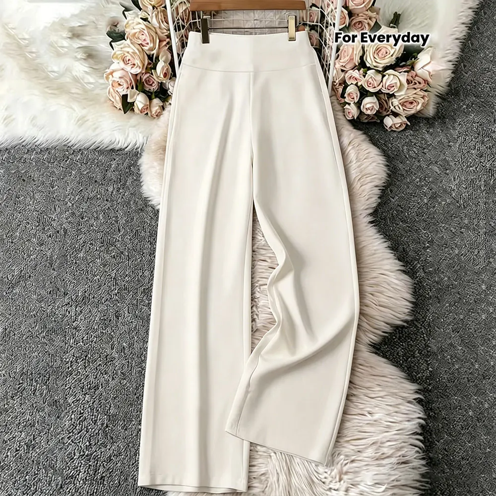 

Elegant White Straight Pants Stretchy Formal Daily Office Trousers Dry Cleanable Casual Wide Leg Pants Fashion Versatile Clothes